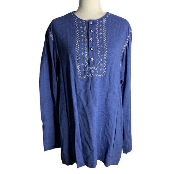 Vintage 70s Tunic Mini Dress L Blue Embroidered Boho Pockets Bell Sleeve - Picture 1 of 5